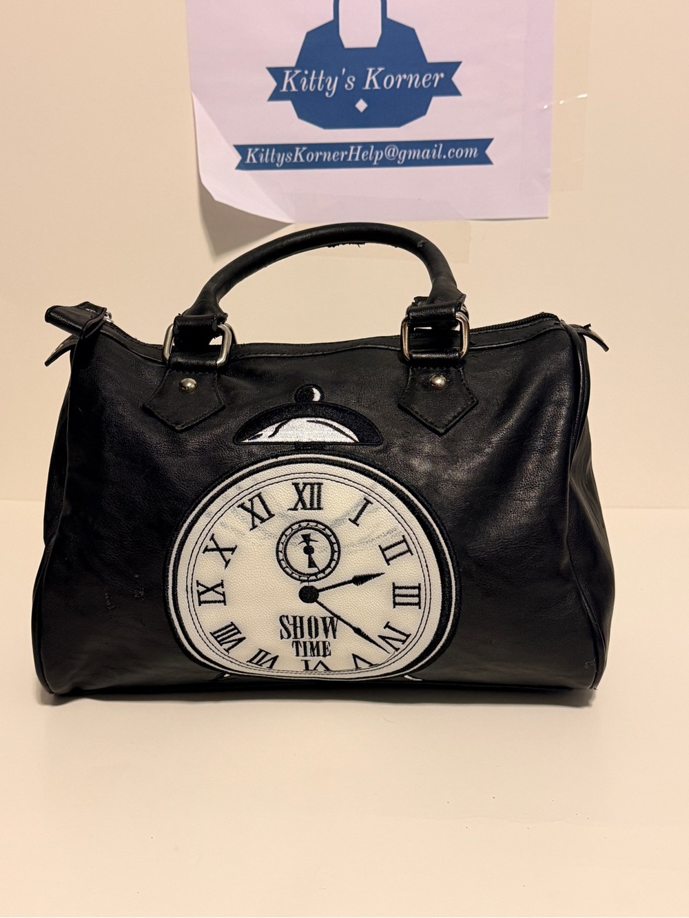 Far Nine Black and White Satchel Bag with Clock Face Embroidered Patch